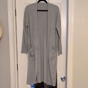 Gray Open Front Long Cardigan Sweater